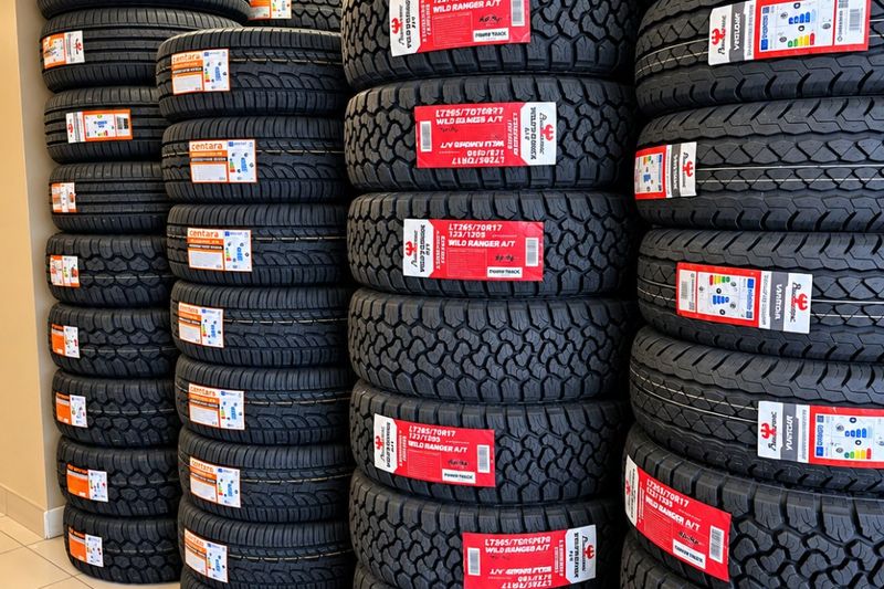 New tires stacked inside the shop